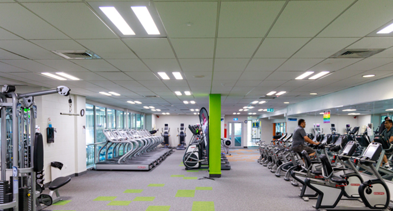 West Wave gym with treadmills, weight machines and stationary bikes. 